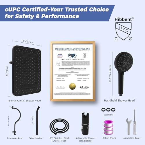 Hibbent Upgraded cUPC Certified 13'' Shower Head Combo, High Pressure 5 Spray Rainfall Showerhead with 10 Sprays Handheld, All Metal 3-way Diverter Shower Arm, 71'' Hose and Holder, Matte Black - color: Matte Black, style: Square 13"