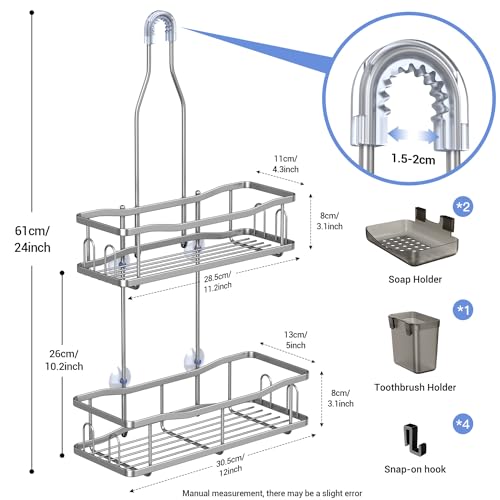 Aitatty Hanging Shower Caddy Bathroom Organizer: Rustproof Shower Shelf Racks Over Shower Head - No Drilling Inside Bath Shower Rack Shelves Over Showerhead for Shampoo with Soap Holder Silver | Includes Soap Holder and Hooks for Shampoo, Conditioner, and