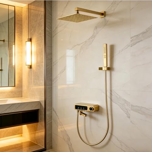 Rainfall Showerhead and Handle Set, 10" Bathroom Shower System, 3 Functions Wall Mounted Shower Faucet Complete Combo Solid Brass with Foldable Tub Spout Modern Bathtub Faucet Shower Trim Kit - color: Brushed Gold