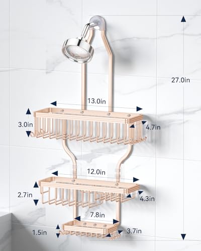 Never Rust Shower Caddy Hanging, Aluminum Shower Racks for Inside Shower, 3-Tier Shower Organizer Hanging Over Shower Head with Hooks and Soap Holder, Rose Gold - color: Rose Gold