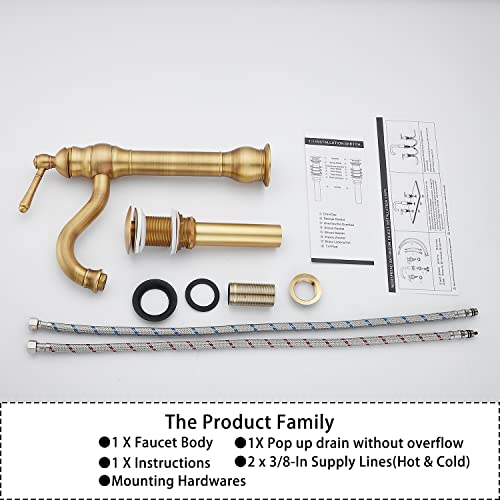 360° Swivel Antique Brass Bathroom Vessel Sink Faucet Single Handle One Hole Matching with Pop Up Drain - color: Antique Brass, size: Vessel