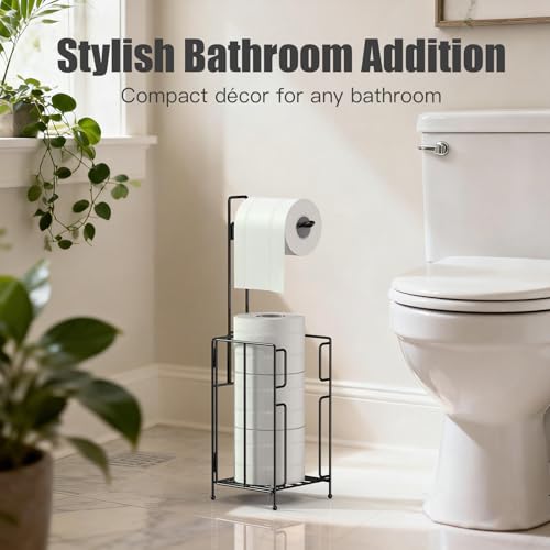 Toilet Paper Holder Stand with Storage, Free Standing Paper Roll Dispenser for 4 Mega Rolls, Space-Saving Bathroom Organizer, Easy Assembly & Stable