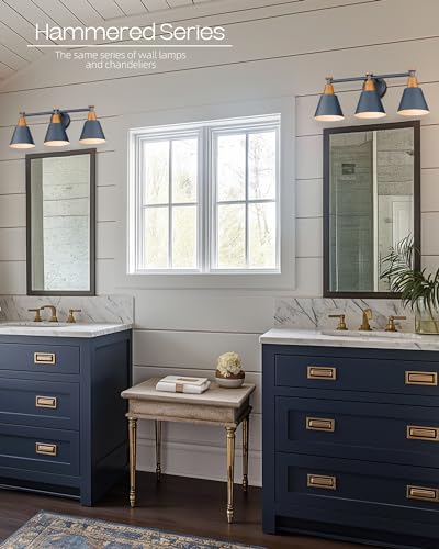 FEMILA Bathroom Vanity Light, 3-Light Modern Bathroom Light Fixture with Hammered Metal Shade Finish, Dark Blue Wall Sconce Lamp Lighting for Bedroom, 4FG59B-3W Blue - color: Navy Blue, size: 22"