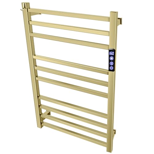 XBVV Towel Warmer Rack for Bathroom with Timer/Fahrenheit Temperature Control Wall Mounted Electric Heated 10 Bar Rail Plug-in or Hardwired Keep Bath Shower Towel Warming (Brushed Gold) - color: Brushed Gold