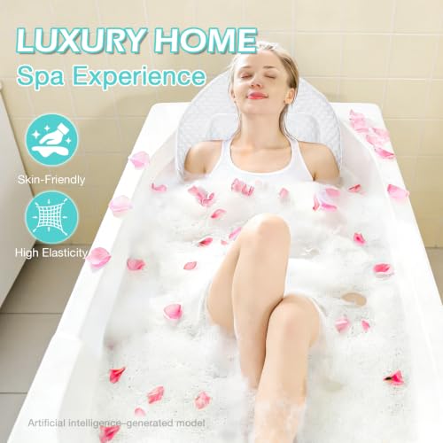 Full Body Bath Pillow for Bathtub, Thick Soft Tub Cushion with Non-Slip Suction Cups Dual Hooks, Luxury Spa Pillow for Neck Back and Hip Support, 55" x 18" - color: White