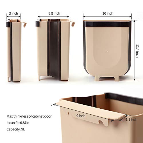 Hanging Collapsible Trash Can - 9L Wall Mounted Foldable Waste Bin for Kitchen Cabinet Door - Quickly Clean Counter, Sink, Bathroom - RV, Car, Camping Folding Garbage Basket (Brown)