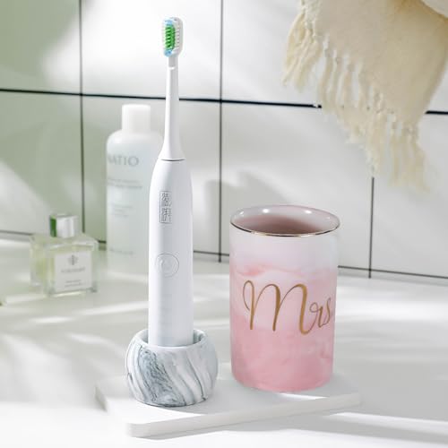 Kelake Ceramic Rustic Pink Marble Bathroom Tumbler Cup for Mouthwash Rinsing Toothbrush and Toothpaste Holder Letters Stand Cups 280 ml Porcelain Milk Drinking Cups for Christmas Birthday - color: Pink Marble Pattern Cup With Letters