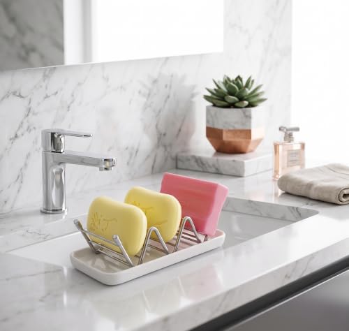 Heavy Weight 3.28oz Soap Dish with Removable Ceramic Drain Tray, 304 Stainless Steel Rustproof Self Draining Holder, Ideal for Regular Bar Soap, Bathroom Kitchen Sink (Cool White) - color: Cool White