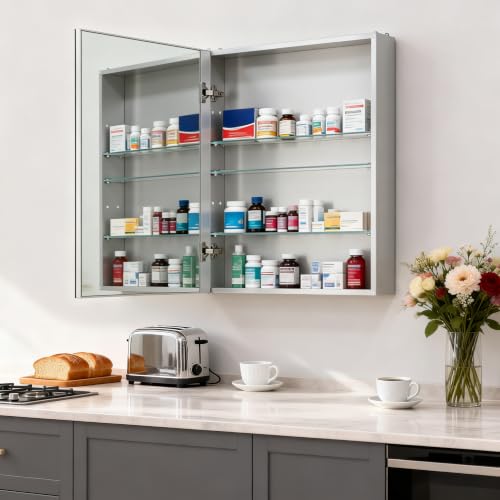 24"x 32"Bathroom Medicine Cabinet,Double-Sided Mirror Door | Silver Aluminium Frame,Lightweight,Sturdy and Attractive,Simple Wall-Mounted,Adjustable Shelves,Tempered Glass - size: 24"x 32"
