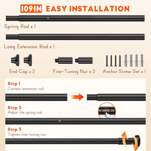 Tension Shower Curtain Rod, No Drilling, Adjustable 45-109 In, White | 1.26" Diameter Heavy Duty Tension Rod, Easy Install Renter Friendly Rustproof, Non-Slip for Window Living Room Divider Patio - color: Black, size: 45-109"
