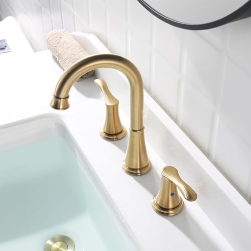 Brushed Gold Widespread Bathroom Sink Faucet 8 Inch for Vanity | with All Metal Pop Up Drain, High Arc 2 Handle Lead-Free Deck Mount Bathroom Faucet for 3 Hole Lavatory Utility Sink - color: Brushed Gold