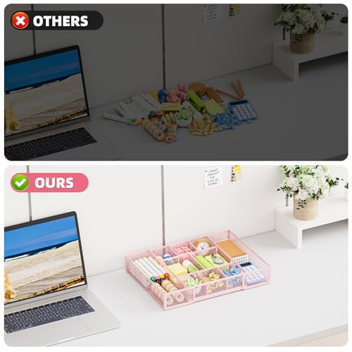 Marbrasse Expandable Desk Drawer Organizer, Mesh Tray with 10 Adjustable Compartments, Desk Organizers for Office Supplies, Makeup & Vanity (Expandable-Pink) - color: Expandable-Pink