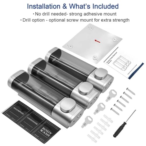 3-Chamber Wall Mount Shower Dispenser - No-Drill Adhesive or Drill Mount - Refillable Shampoo, Conditioner & Body Wash Dispenser for Home, RV & Hotel - Eco-Friendly & Compact (Silver) - color: Silver