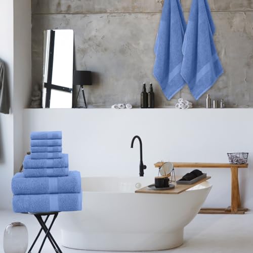 QUBA LINEN Pack of 8 Towels Set, 2 Large Bath Towels, 2 Hand Towels, 4 Wash Cloths, 100% Cotton, Lighter Weight, Quicker to Dry, Super Absorbent, Perfect for Bathroom (Blue) - color: Blue