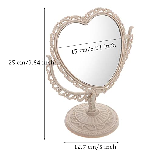 AKOAK Heart-Shaped Cosmetic Mirror - Plastic, Double-Sided, Rotatable, Lightweight Tabletop Makeup Mirror for Bathroom & Bedroom (Beige) | Plastic, Double-Sided, Rotatable, Lightweight Tabletop - color: Beige
