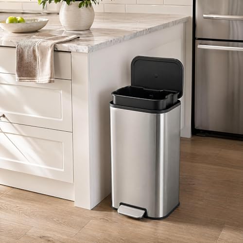 GarveeHome 8 Gal Kitchen Trash Can, Stainless Steel Garbage Can, Silver | Soft Close Lid, Hands-Free Foot Pedal, Removable Inner Bucket, Rectangular Step On Waste Bin for Home Office Living Room - color: Stainless Steel, size: 30 L