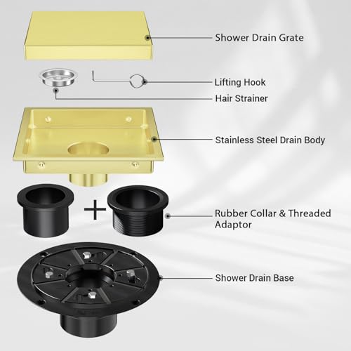 EXF Square Shower Drain 6 Inch Brushed Gold with Tileable Grate | Stainless Steel, Anti-Clog, Removable Grate Hair Strainer, for Modern Bathroom Remodel Curbless Shower - color: Brushed Gold, size: 6 IN