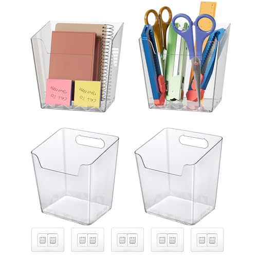Clear Adhesive Wall Storage Bins 4-Pack Cabinet Door Organizer Cups(Medium) | Clear PET Hanging Wall Mount Pockets, Plastic Caddy for Shower Bathroom Makeup Office Craft Kitchen Sink RV Organization - size: Medium