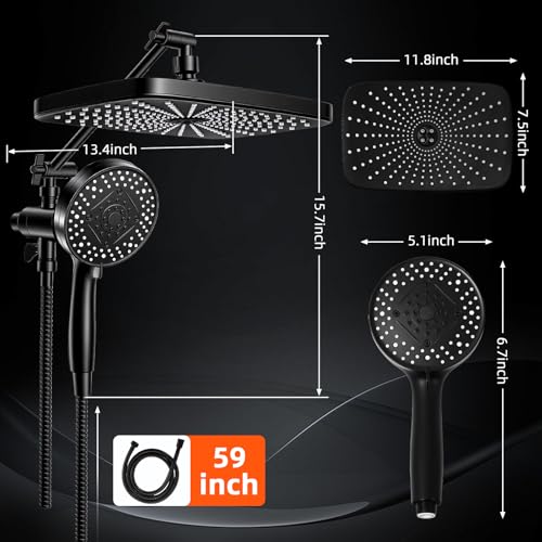 Black Shower Head with Handheld, Adjustable Rain Shower Head with Spray Combo, One-piece High Pressure Filtered Shower Head with Handheld, Built-in Magnetic Docking and Power Jets