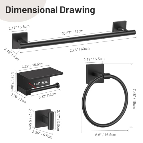 Lairuier Bathroom Hardware Set Matte Black, Towel Holder Set Wall Mounted | Bathroom Accessories Set, SUS304 Stainless Steel 23.6" Towel Bar, Toilet Paper Holder with Shelf, Towel Ring and Towel Hooks - color: Black, size: 5 Pieces - With Shelf