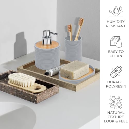 CERBIOR Bamboo Bathroom Accessories Set 6 Piece Spiral Bath Ensemble,Grey | Includes Soap Dispenser, Toothbrush Holder, Toothbrush Cup, Soap Dish for Decorative Countertop and Housewarming Gift - style: Grey
