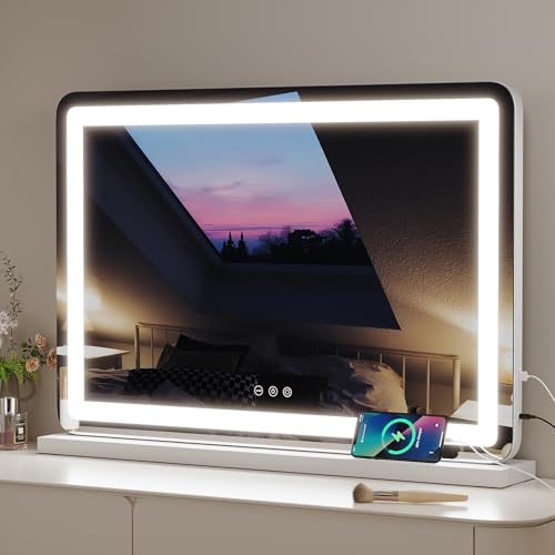 ZL ZELing Vanity Mirror with Lights, 32" x 23", LED Makeup Mirror, Dimmable 3-Color Lighting, 5X Magnification, Touch Screen Control, Wall-Mountable and Tabletop Design - color: White-3223 Led Light