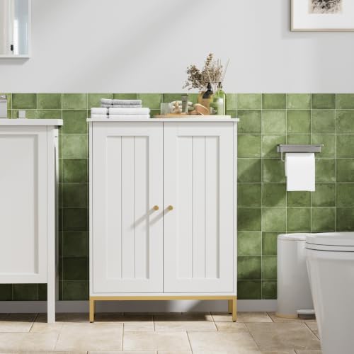 Homhedy Bathroom Storage Cabinet, Freestanding Floor Cabinet, White | Bathroom Organizers and Storage, Adjustable Shelves, Small Cabinet for Bathroom Living Room Laundry Room