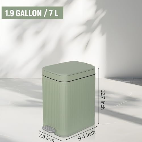 rejomiik Small Bathroom Trash Can with Lid Slim Soft Close Garbage Can Step Wastebasket Container Trash Bin for Office Bedroom Kitchen Living Room (1.9 Gallon Light Green) | Garbage Can with Pedal for Office, Bedroom, Kitchen & Living Room, Narrow Plastic