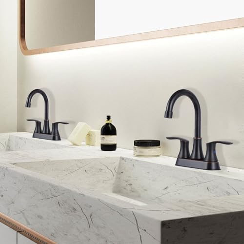 Friho 4 Inch Centerset Bathroom Faucet Oil Rubbed Bronze, 3 Hole Lead-Free 2-Handle RV Commercial Vanity Faucet with Drain Stopper & Supply Hoses - color: Oil Rubbed Bronze