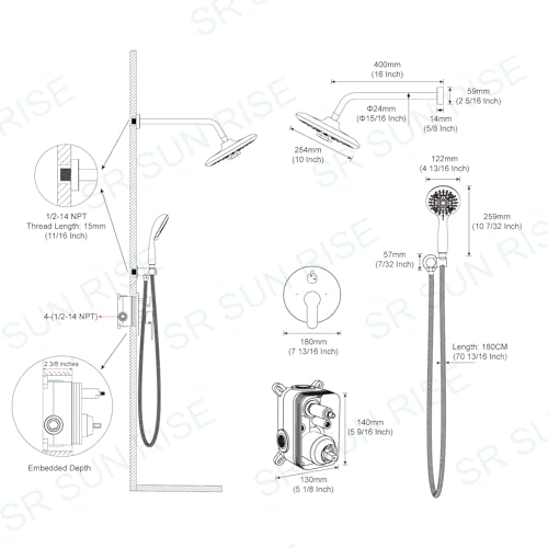 SR SUN RISE Shower Faucet - 10 Inch Multifunctional High Pressure Shower Head System with Handheld Shower Head Fixtures - Valve Included - Polished Chrome - color: Polished Chrome, size: 10 Inch