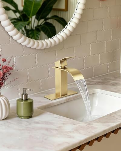 Waterfall Single Handle Bathroom Sink Faucet with Drain Gold | Brushed Gold Vanity Faucet with Pop-up Drain, Ceramic Valve, for 1 or 3 Hole Modern Bathrooms. - color: Light Gold