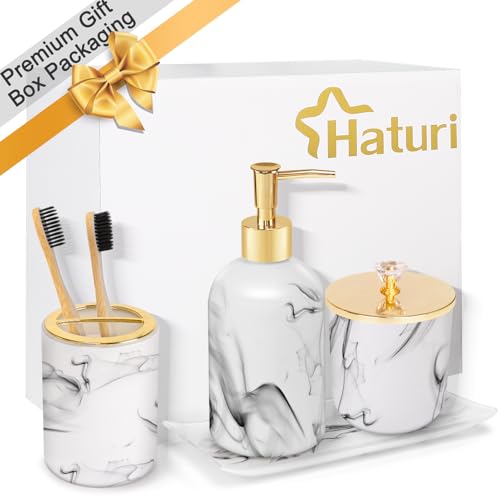 Haturi Bathroom Accessories Set, 4 Pcs Marble Look Sets Soap Dispenser & Toothbrush Holder Counter Top Restroom Apartment Decor Stuff, Glass Kits, Gift for Women and Men, Ink White | Kit w/ Bathroom Soap Dispenser Set, Toothbrush Holder, Qtip Holder, Soap