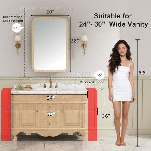 20x28 Inch Wood Medicine Cabinet with Mirror for Bathroom, Oak | Fully Assembled, Surface or Recessed Mount Mirror Cabinet, Rounded Corner, 3 Adjustable Glass Shelves, Soft-Close Door