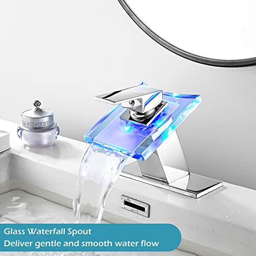 Bathroom Waterfall Sink Faucet Chrome LED Glass Spout with Drain Stopper | Single Handle One Hole Modern Design Basin Faucet 3 Color Changing Battery Powered Lavatory Vanity Sink Deck Mount - color: Chrome, style: LED with Drain