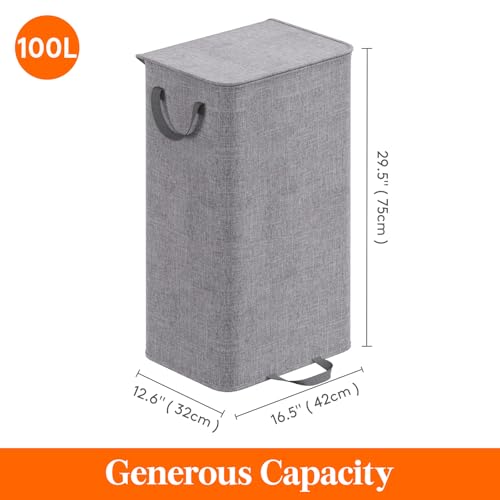Lifewit Single Laundry Hamper with Lid and Removable Laundry Bags, Large Collapsible 1 Dividers Dirty Clothes Basket with Handles for Bedroom Laundry Room Closet Bathroom College, 100L Gray - color: Gray, size: 100L