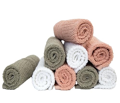PH Pleasant Home Ribbed Wash Cloths Set - 12 Pack (12” x 12”) – 509 GSM - 100% Ring Spun Cotton Wash Cloth - Super Soft and Highly Absorbent Face Towels (Blush,White & Tan) - color: Blush, White & Tan, style: Ribbed