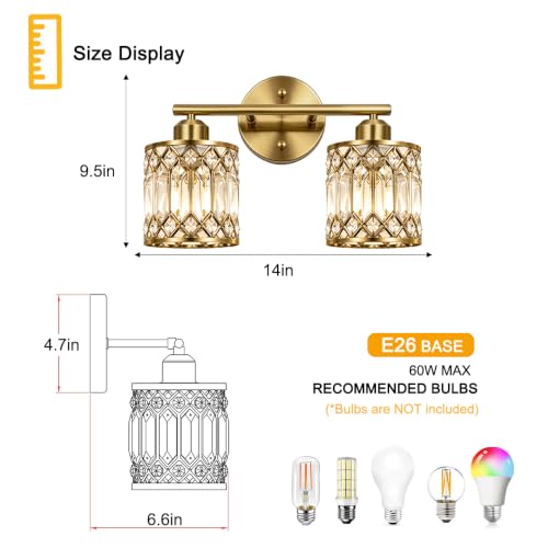 Lxybcce 2-Light Bathroom Vanity Light, 14 in Modern Crystal Bathroom Lighting Fixtures Over Mirror, E26 Hardwired Bathroom Wall Sconce, Brushed Antique Brass - color: Gold, size: 14in