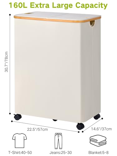 efluky Double Laundry Hamper with Wheels, Divided Laundry Hamper with Removable Bags, 2 Section Dirty Clothes Basket with Handles for Bathroom, Bedroom & Laundry Room, 160L Beige - color: Beige, size: 160L