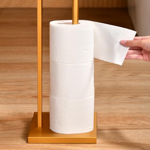 Free Standing Toilet Paper Holder with Reserve, Gold Bathroom Stainless Steel Tissue Paper Roll Dispenser Stand with Storage - color: Gold