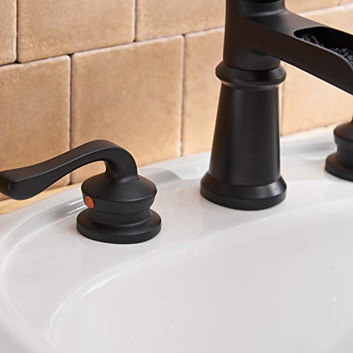 BWE Widespread Bathroom Faucet 3 Holes Matte Black with Pop Up Drain Assembly and Supply Hose Waterfall Black Two-Handle 8-16 inch Bathroom Faucet Lavatory Basin Mixer Tap - color: Black