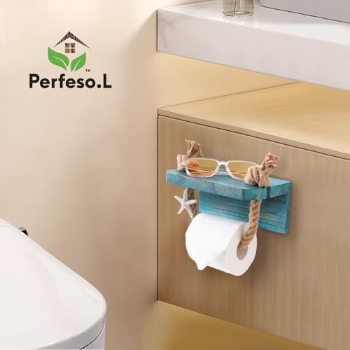 Nautical Rope Toilet Paper Holder Beach Farmhouse Bathroom Decor | Pre-Assembled Wall Mounted Coastal Ocean Starfish Rope Towel Rack Unique Tissue Roll Holder with Wood Shelf Blue - color: Rustic Sea Blue
