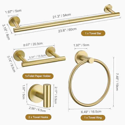 TURS Brushed Gold 5 Piece Bathroom Hardware Set, SUS304 Stainless Steel Bath Towel Bar Set, 23.6 Inch Round Bathroom Accessories Kit Wall Mounted - color: Brushed Gold