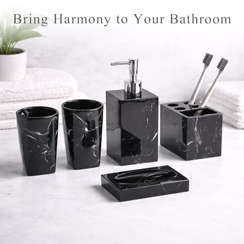 5 Piece Bathroom Accessories Set, Marble Resin Bathroom Vanity Set, Soap Dispenser, Toothbrush Holder, Soap Dish & 2 Tumblers, Bathroom Countertop Organizer Set (Ink Black) - color: Ink Black