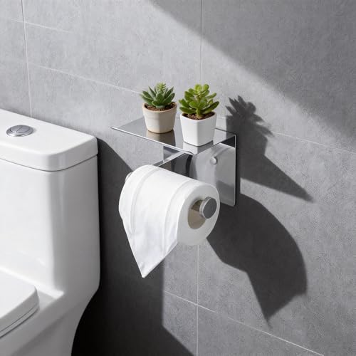 Toilet Paper Holder with Shelf, Heavy-Duty Stainless Steel Bathroom Hardware, Self-Adhesive No-Drill/Drill-Mount Wall-Mounted Roll Holder, Rust-Proof Bathroom Tissue Rack (Chrome) - color: Chrome