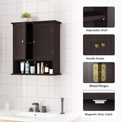 Bathroom Wall Cabinet, Over the Toilet Storage Cabinet with 2 Doors and Adjustable Shelf, Wooden Medicine Cabinet Wall Mounted, Room Space Saver for Bathroom Kitchen - color: Bathroom Cabinet-brown