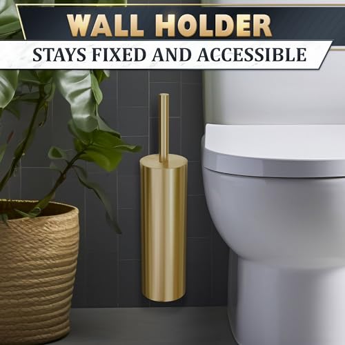 2Pcs Stainless Steel Toilet Brush and Holder Set, Hand Guard (Gold) | Toilet Bowl Brush and Holder, Removable Inner Bowl, Dense Bristles, Long Handle, Scratch Resistant, for Modern Bathrooms - color: Gold Wall-mounted