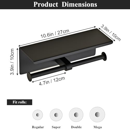 Toilet Paper Holder, NEWRAIN Double Bathroom Toilet Paper Roll Holder with Shelf, Stainless Steel Wall Mounted RV Tissue Roll Holder, Matte Black Commercial Farmhouse Toilet Paper Dispenser - color: Matte Black, style: Double