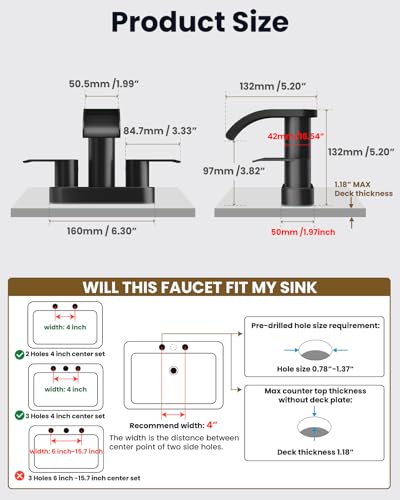 gotonovo 4’’ Centerset Bathroom Sink Faucet Waterfall Matte Black | SUS304 Bathroom Faucet,2.17’’ Wide Spout,24’’ cUPC Water Line,Pop up Drain,2 Handle,Basin,Vanity,RV,Lavatory 2 or 3 Hole Sink - color: Black