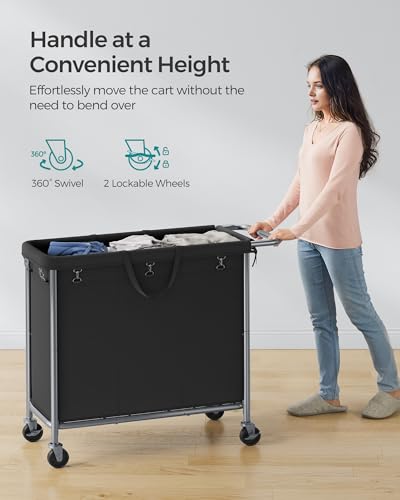 SONGMICS Laundry Basket with Wheels, 3-Section Rolling Laundry Hamper, 52.8 Gallons (200 L), Removable Liner, Steel Frame with Handle, 35.8 x 15.4 x 31.9 Inches, Ink Black URLS005B01 - color: Ink Black, size: 200 L (3-Section)