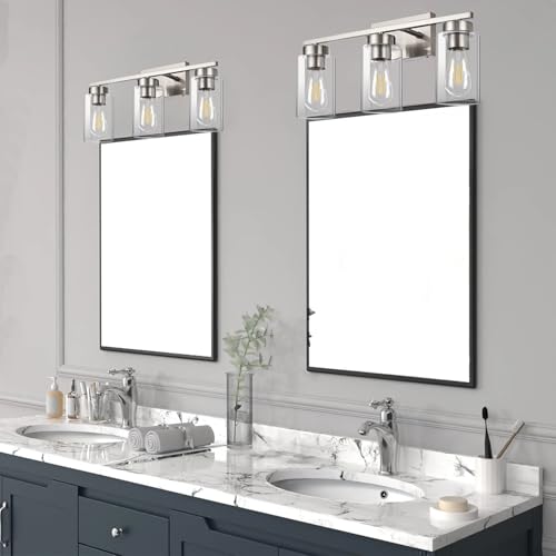3-Light Bathroom Vanity Light, Modern Brushed Nickel Wall Lights with Clear Glass Shades, Bathroom Wall Sconce Lamp for Mirror Living Room Bedroom Hallway - color: 3 Light Nickel-Small